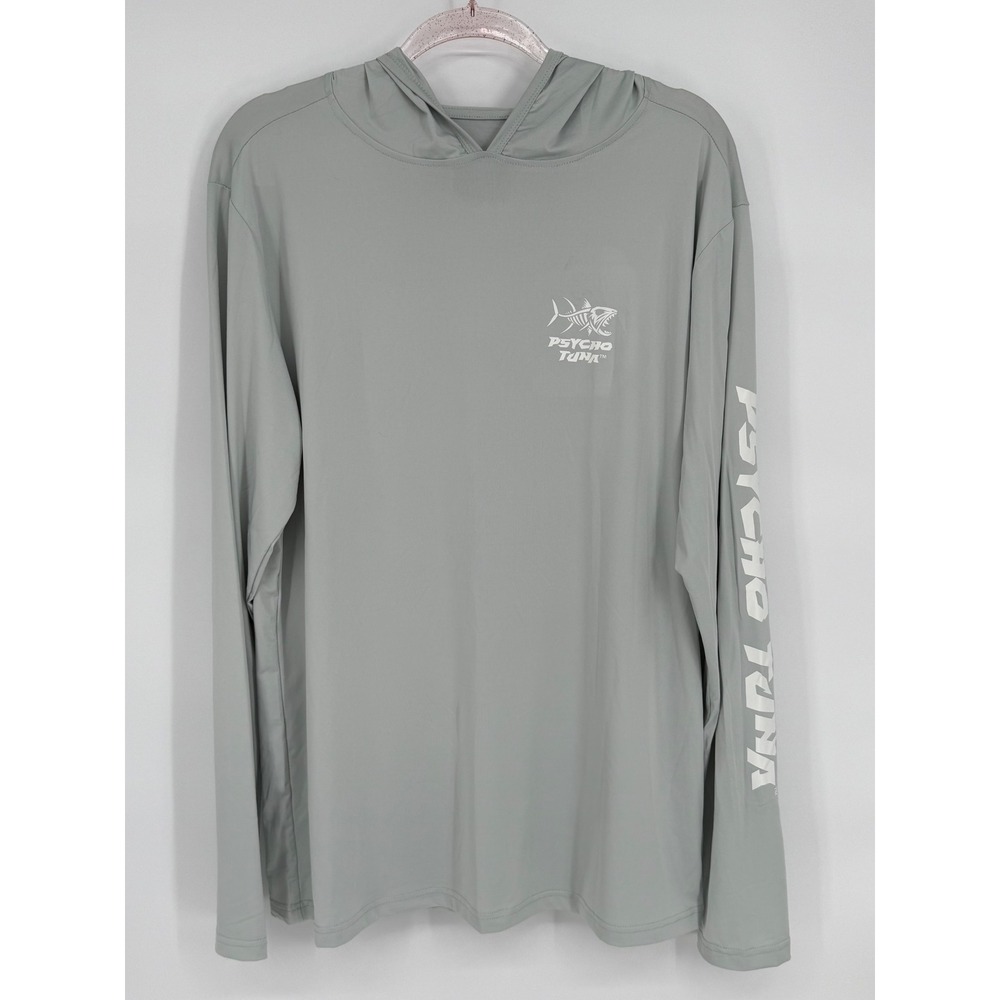 Psycho Tuna Mens Grey Long Sleeve Fishing Hooded Performance Shirt Sz M‎